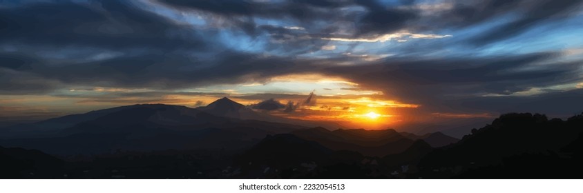 Vector silhouette of mountains on sunset background. Symbol of nature and park.