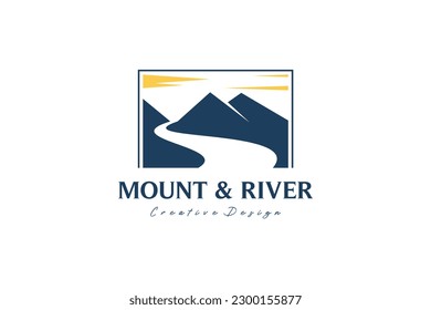 Vector silhouette of mountains with river logo illustration design, river and mountain logo in panoramic box