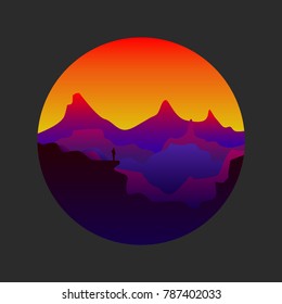Vector silhouette of mountains with a traveler in a circle.