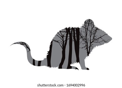 Vector silhouette of mouse with trees on background. Symbol of forest.
