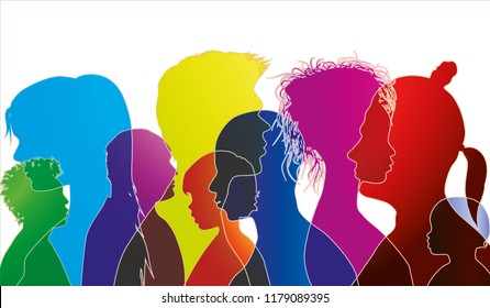 Vector silhouette of multiracial people of different ages. Group of people different nationalities. Multiple exposure