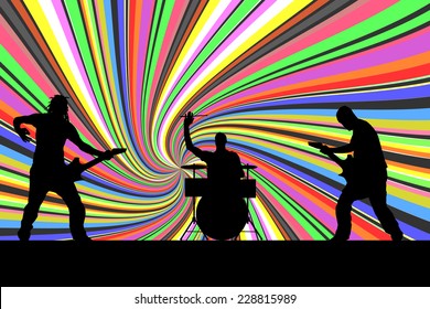 Vector silhouette musical group that plays on stage.