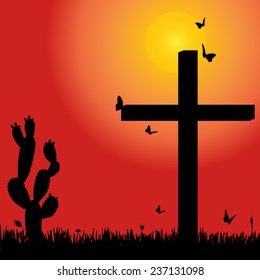 Vector silhouette of nature with cross at sunset.