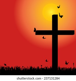 Vector silhouette of nature with cross at sunset.