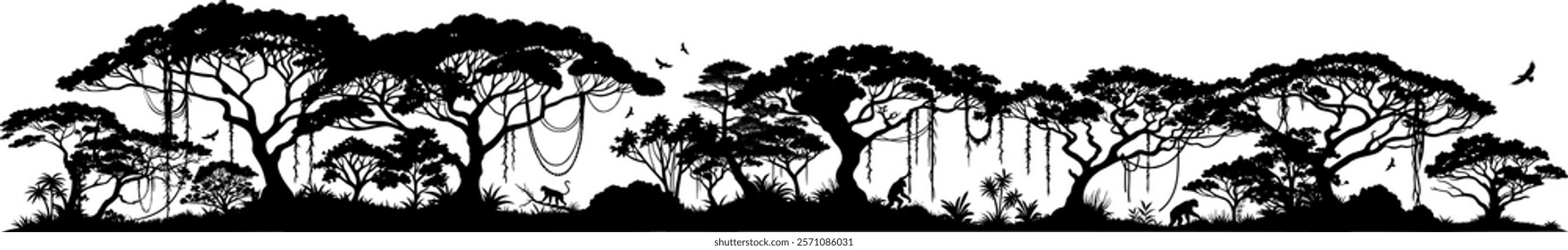 Vector silhouette nature - landscape jungle and rainforest with trees and exotic plants - monkeys in their habitat - design element