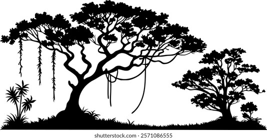 Vector silhouette nature - landscape jungle and rainforest with trees and exotic plants -- design element