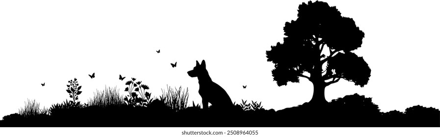 Vector silhouette nature landscape with sitting dog - Shepherd dog in the grass of a meadow - Outdoor