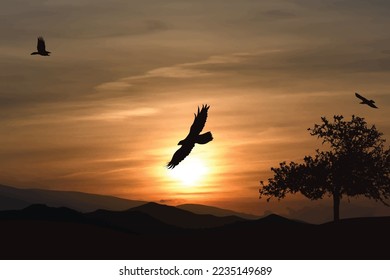 Silueta vectorial de la naturaleza al fondo de la puesta de sol. Símbolo de paisaje y parque.