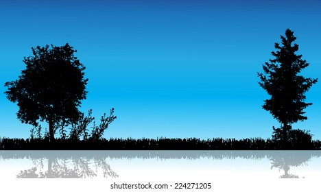 Vector silhouette of nature with a pond.