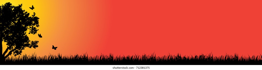 Vector silhouette of nature at sunset.