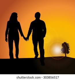 Vector silhouette nature at sunset with people