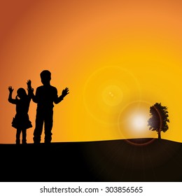 Vector silhouette nature at sunset with people