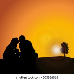 Vector silhouette nature at sunset with people