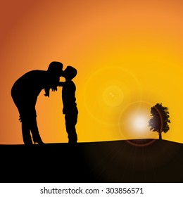 Vector silhouette nature at sunset with people