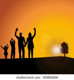 Vector silhouette nature at sunset with people
