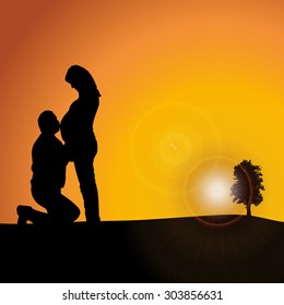 Vector silhouette nature at sunset with people