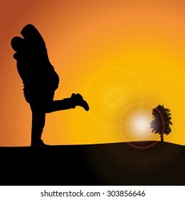 Vector silhouette nature at sunset with people