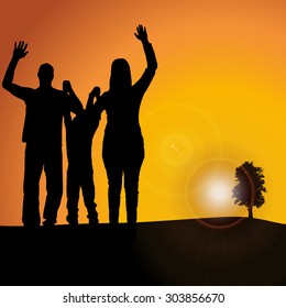 Vector silhouette nature at sunset with people