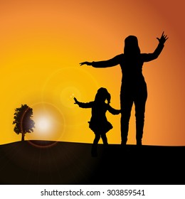 Vector silhouette nature at sunset with people