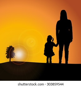 Vector silhouette nature at sunset with people