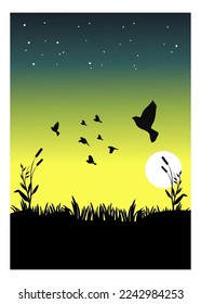vector silhouette of nature, welcoming sunrise. the happiness of flying birds welcomes a beautiful morning emitting bright light.