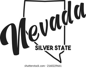 Vector silhouette of Nevada with a nickname inscription Silver State. Image for US poster, banner, print, decor, United States of America card. Hand-drawn illustration map of the USA territory