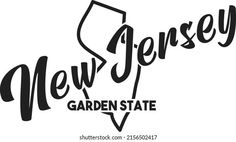 Vector silhouette of New Jersey with a nickname inscription Garden State. Image for US poster, banner, print, decor, United States of America card. Hand-drawn illustration map of the USA territory