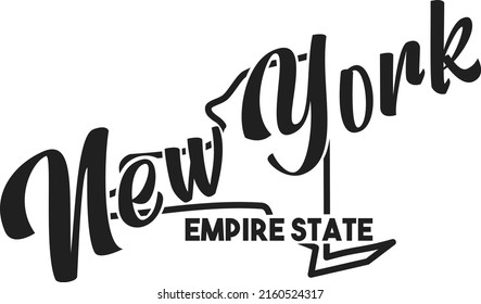Silueta vectorial de Nueva York con la inscripción apodo Empire State. Imagen para afiche, pancarta, papel, decoración, tarjeta de Estados Unidos. Mapa ilustrativo hecho a mano del territorio de los Estados Unidos