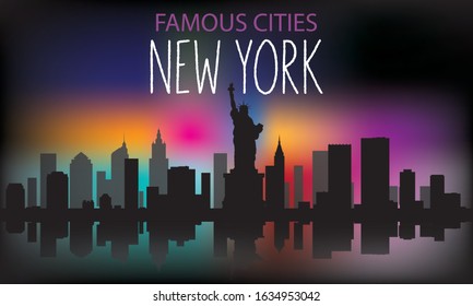 Vector silhouette of the night city on a background of multi-colored sky. New York . Vector illustration