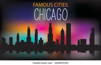 Vector silhouette of the night city on a background of multi-colored sky. Chicago . Vector illustration