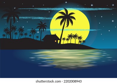 Vektorsilhouette eines Nachtblicks auf das Meer bei Vollmond.