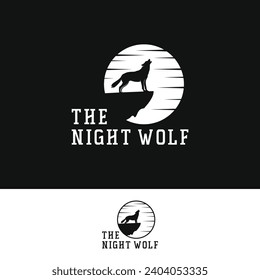Vector silhouette of a night wolf roaring at the peak logo