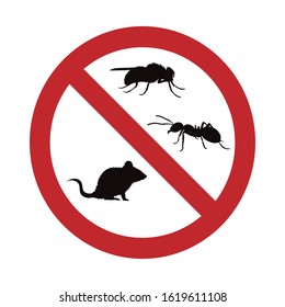 Vector silhouette no ant and fly and rat mark on white background. Symbol of stop insect and pest.