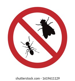 Vector silhouette no ant and fly mark on white background. Symbol of stop insect.