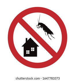 Silueta vectorial sin cucaracha en el fondo blanco. Símbolo de detener molesto insecto y casa de protección.