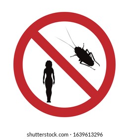 Vector silhouette of no cockroach and people mark on white background. Symbol of stop annoying insect.