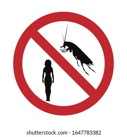 Vector silhouette no cockroach with person mark on white background. Symbol of stop dirty insect and annoy.