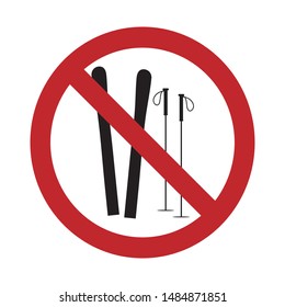 Vector silhouette no entry mark with ski on white background. Symbol of stop,prohibition,warning.