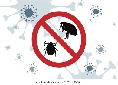 Vector silhouette no flea and tick on background with virus symbol. Symbol of stop diseases.