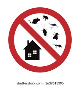 Vector silhouette of no insect and parasites at home mark on white background. Symbol of stop annoying insect and protection house.
