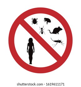 Vector silhouette no insect and pest with person mark on white background. Symbol of stop diseases and annoy.