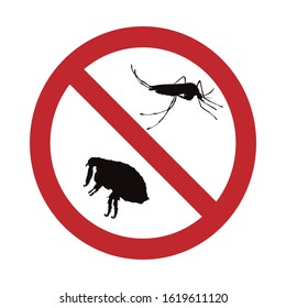 Vector silhouette no mosquito and flea mark on white background. Symbol of stop malaria and dengue disease.