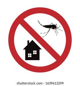 Vector silhouette of no mosquito at home mark on white background. Symbol of stop annoying insect and protection house.