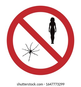 Vector silhouette no spider with person mark on white background. Symbol of stop danger insect and annoy.