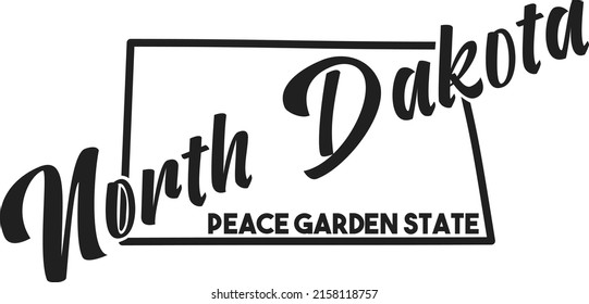 Vector silhouette of North Dakota with a nickname inscription Peace Garden State. Image for US poster, print, decor, United States of America card. Hand-drawn illustration map of the USA territory