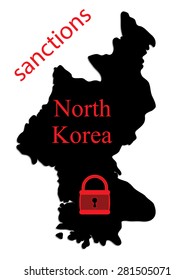 Vector silhouette in North Korea with a red padlock and the words, "sanctions."