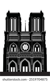 Uma silhueta vetorial da Cathédrale Notre-Dame de Paris, perfeita para marcas arquitetônicas, promoções de viagens ou projetos personalizados. Totalmente editável para uma variedade de projetos criativos.