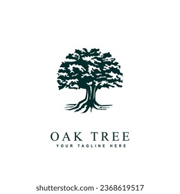 Vector silhouette of oak tree with sun. Nature and ecology logo design template