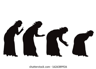 Vector silhouette of obese middle age women on white background. Symbol of lady in different pose.