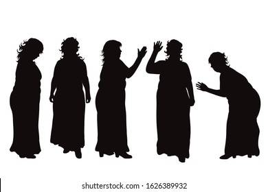 Vector silhouette of obese middle age women on white background. Symbol of lady in different pose.